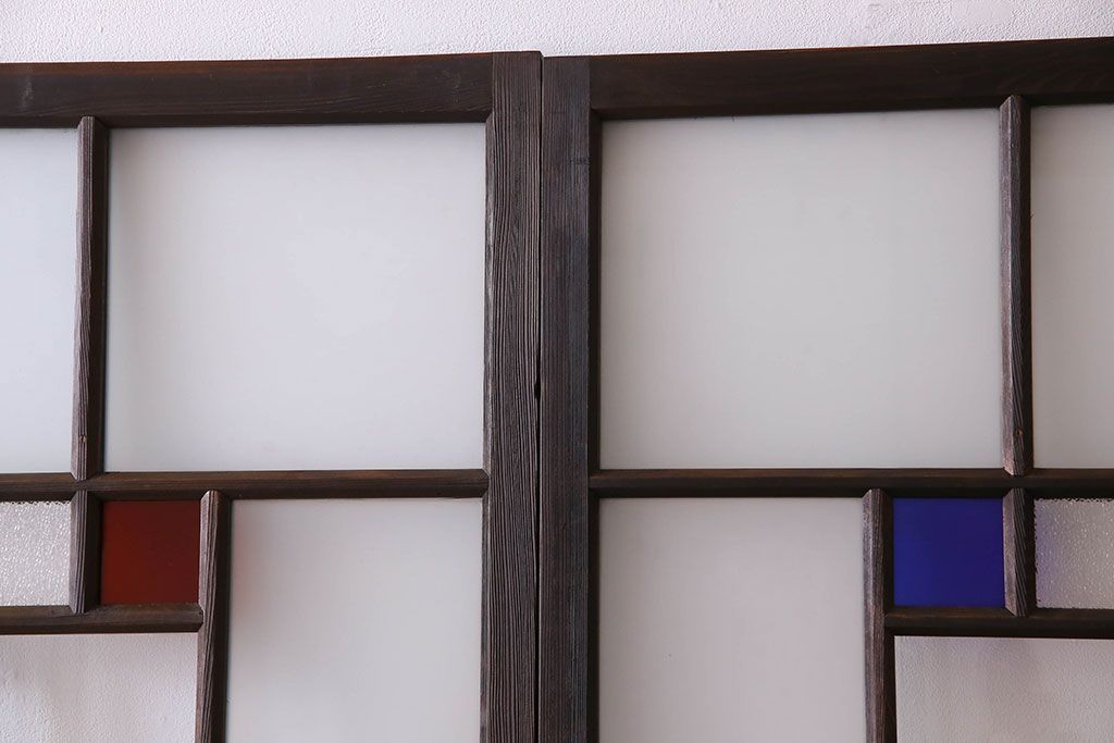 モダンなアンティークガラス戸4枚セット　当時物色ガラス入り