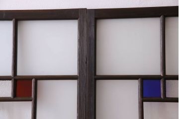 モダンなアンティークガラス戸4枚セット　当時物色ガラス入り