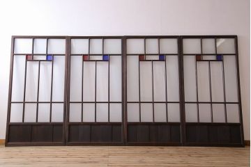 モダンなアンティークガラス戸4枚セット　当時物色ガラス入り