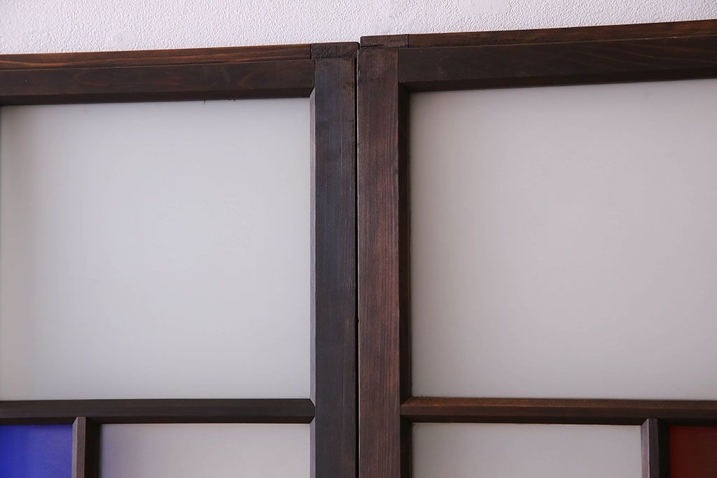 モダンなアンティークガラス戸4枚セット　当時物色ガラス入り