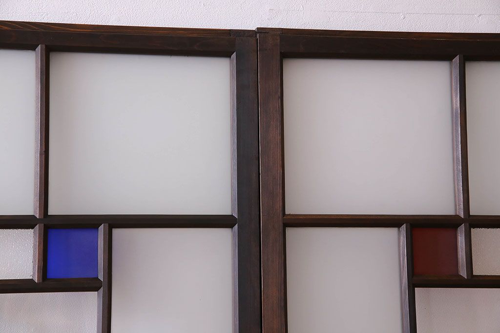 モダンなアンティークガラス戸4枚セット　当時物色ガラス入り