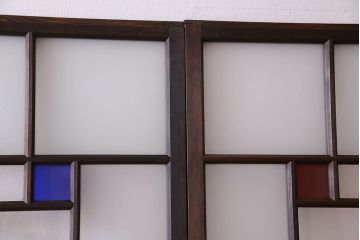 モダンなアンティークガラス戸4枚セット　当時物色ガラス入り