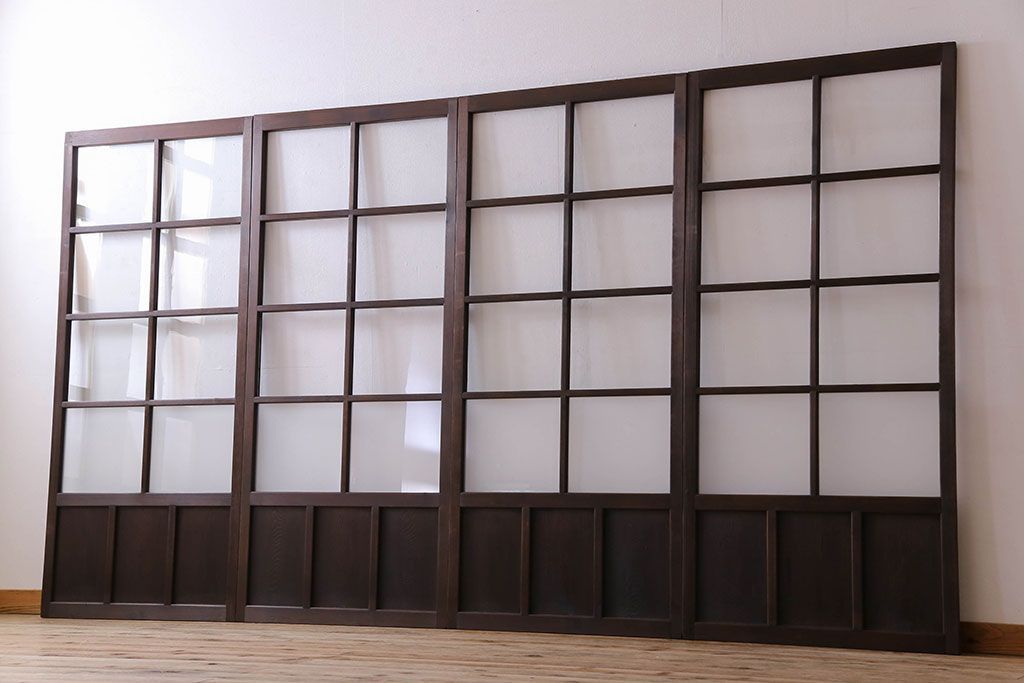 和製アンティーク　すりガラス入り!古い木のガラス戸4枚セット