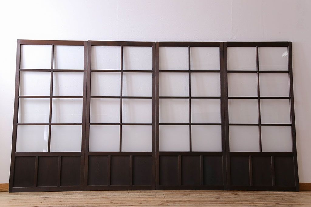 和製アンティーク　すりガラス入り!古い木のガラス戸4枚セット