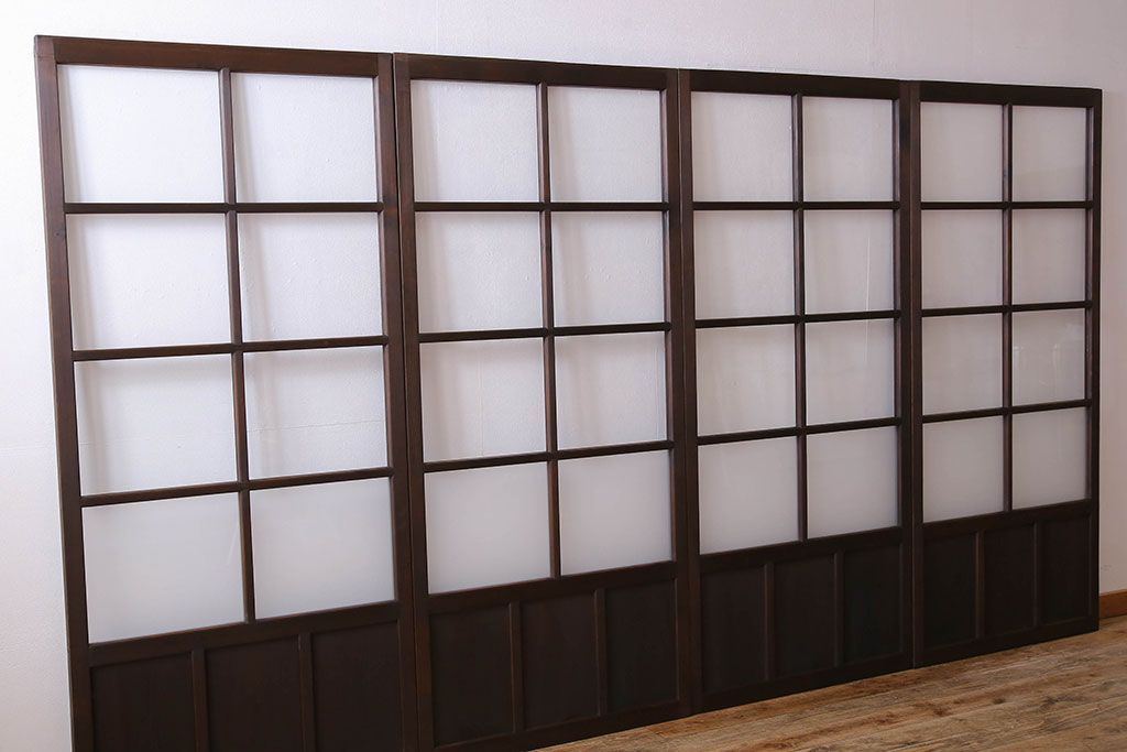 和製アンティーク　すりガラス入り!古い木のガラス戸4枚セット