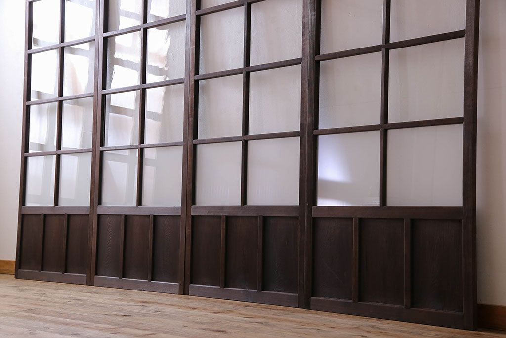 和製アンティーク　すりガラス入り!古い木のガラス戸4枚セット