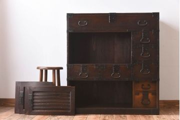 アンティーク家具　明治大正期　古民具・骨董　前面檜材　かくし付き!関西帳場箪笥(2)