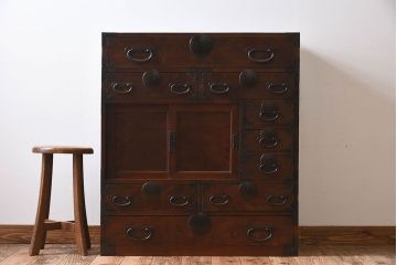 アンティーク家具　明治期　古民具・骨董　前面欅材　玉杢!アンティーク帳場箪笥