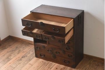 アンティーク家具　明治期　古民具・骨董　前面欅材　玉杢!アンティーク帳場箪笥