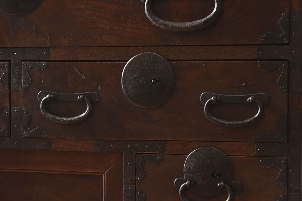 アンティーク家具　明治期　古民具・骨董　前面欅材　玉杢!アンティーク帳場箪笥