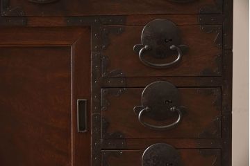 アンティーク家具　明治期　古民具・骨董　前面欅材　玉杢!アンティーク帳場箪笥