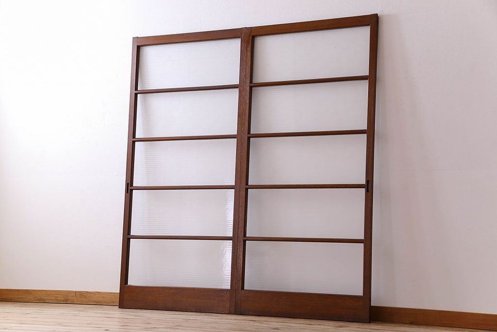 古い木のアンティークガラス戸　銀モールガラス入り