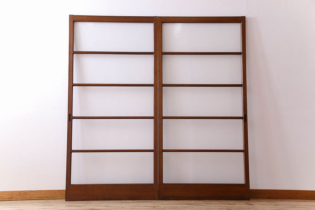 古い木のアンティークガラス戸　銀モールガラス入り