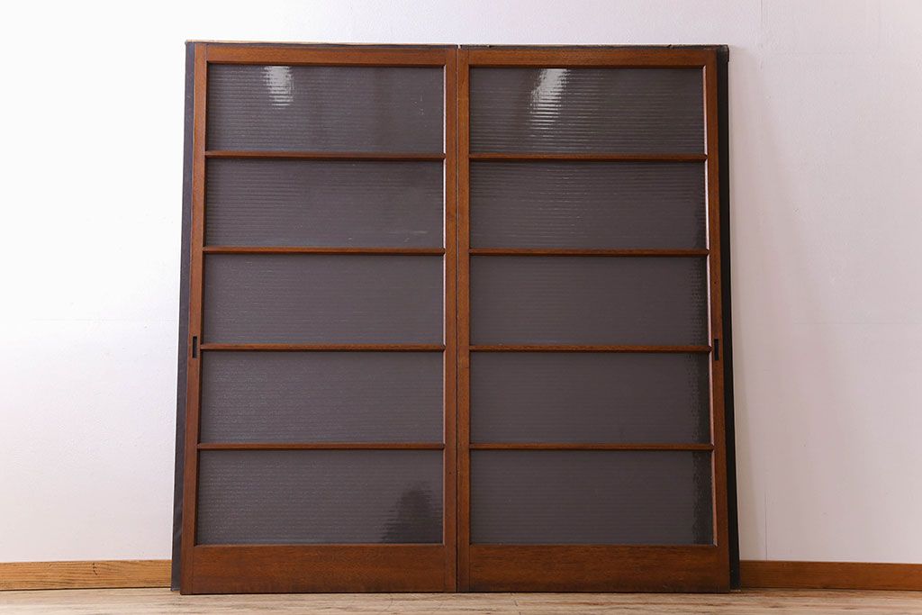 古い木のアンティークガラス戸　銀モールガラス入り