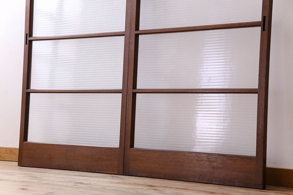 古い木のアンティークガラス戸　銀モールガラス入り