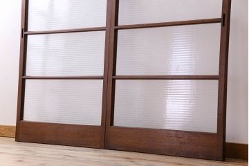 古い木のアンティークガラス戸　銀モールガラス入り