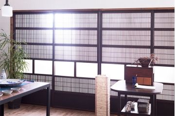 裏障子付き!クリアガラス帯の格子戸4枚セット　和製アンティーク