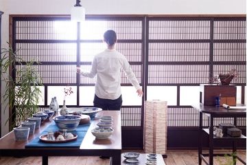 裏障子付き!クリアガラス帯の格子戸4枚セット　和製アンティーク