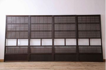 裏障子付き!クリアガラス帯の格子戸4枚セット　和製アンティーク