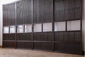 裏障子付き!クリアガラス帯の格子戸4枚セット　和製アンティーク