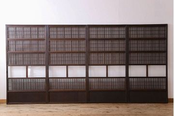 裏障子付き!クリアガラス帯の格子戸4枚セット　和製アンティーク