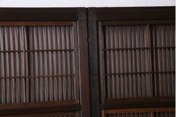 裏障子付き!クリアガラス帯の格子戸4枚セット　和製アンティーク