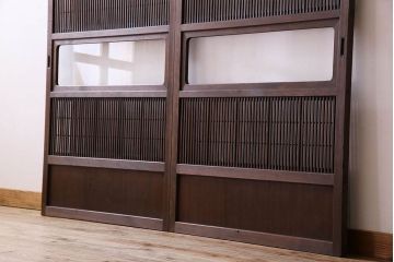 裏障子付き!クリアガラス帯の格子戸2枚セット　和製アンティーク