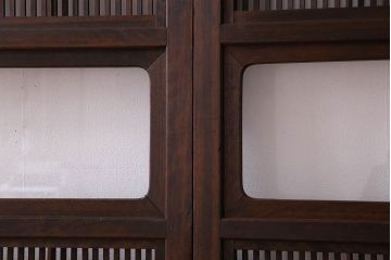 裏障子付き!クリアガラス帯の格子戸2枚セット　和製アンティーク
