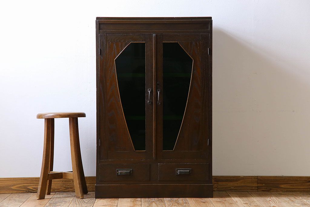 アンティーク家具　色ガラス入り!おしゃれなデザインのアンティーク本箱(ブックケース)　和製アンティーク