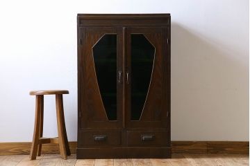 アンティーク家具　色ガラス入り!おしゃれなデザインのアンティーク本箱(ブックケース)　和製アンティーク