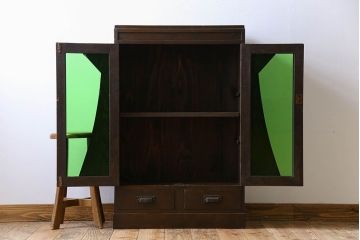 アンティーク家具　色ガラス入り!おしゃれなデザインのアンティーク本箱(ブックケース)　和製アンティーク