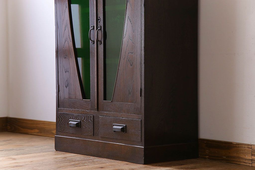 アンティーク家具　色ガラス入り!おしゃれなデザインのアンティーク本箱(ブックケース)　和製アンティーク