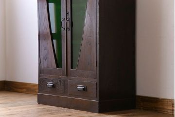 アンティーク家具　色ガラス入り!おしゃれなデザインのアンティーク本箱(ブックケース)　和製アンティーク