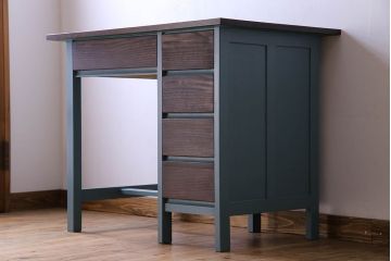 アンティーク家具　天板ナラ材　アンティーク 古い木製のくすんだ水色ペイント片袖机