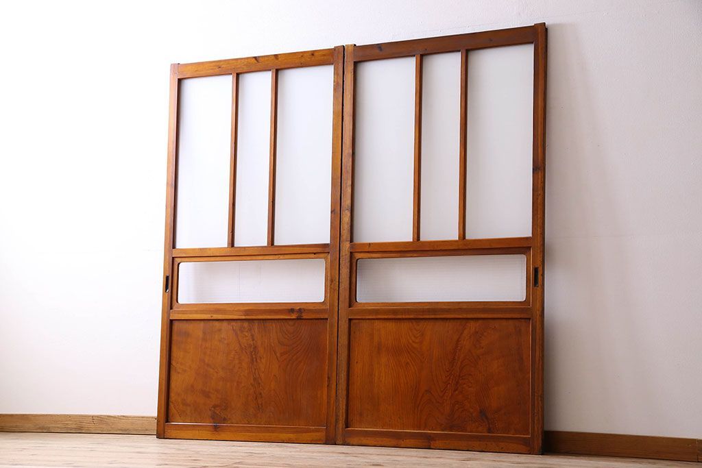 檜材製　昭和レトロなアンティークガラス戸2枚セット