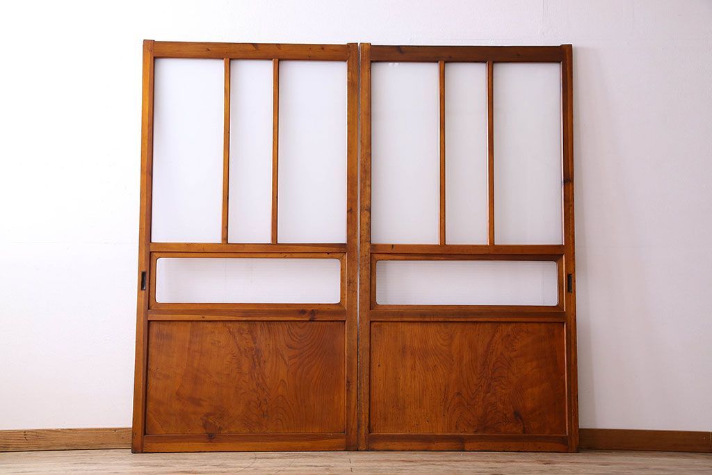 檜材製　昭和レトロなアンティークガラス戸2枚セット