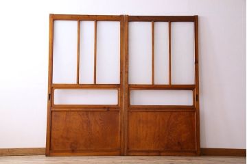 檜材製　昭和レトロなアンティークガラス戸2枚セット