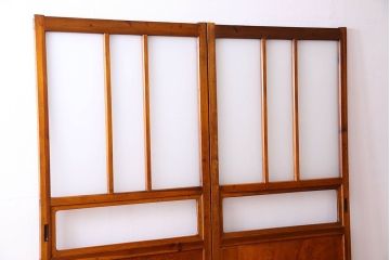 檜材製　昭和レトロなアンティークガラス戸2枚セット