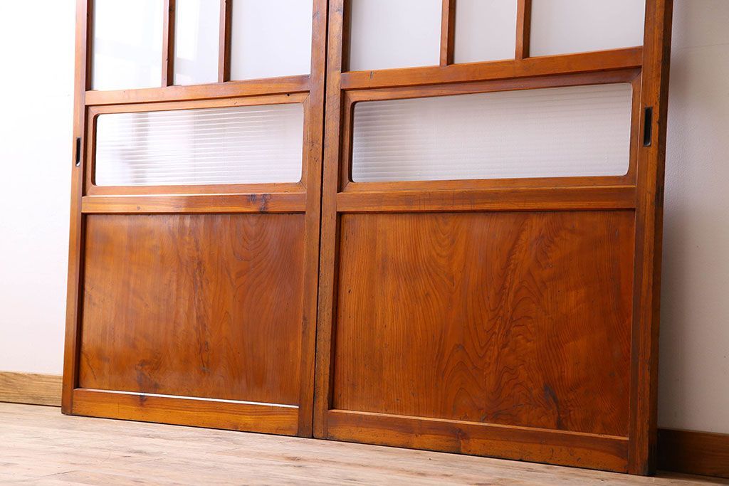 檜材製　昭和レトロなアンティークガラス戸2枚セット