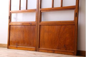 檜材製　昭和レトロなアンティークガラス戸2枚セット