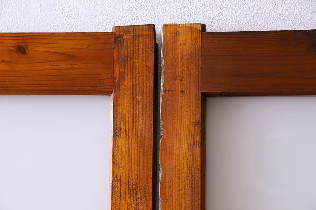 檜材製　昭和レトロなアンティークガラス戸2枚セット