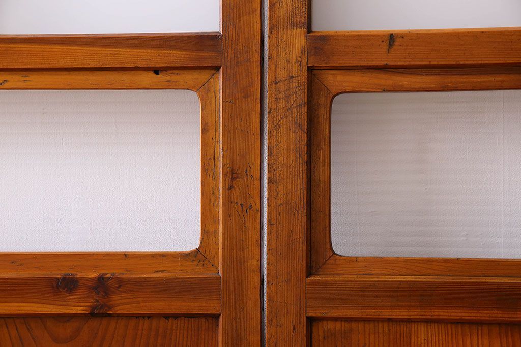 檜材製　昭和レトロなアンティークガラス戸2枚セット