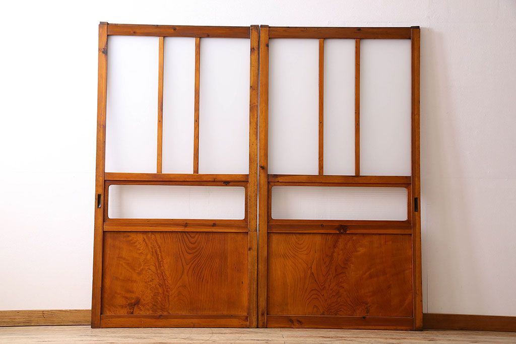 檜材製　昭和レトロなアンティークガラス戸2枚セット