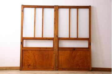 檜材製　昭和レトロなアンティークガラス戸2枚セット