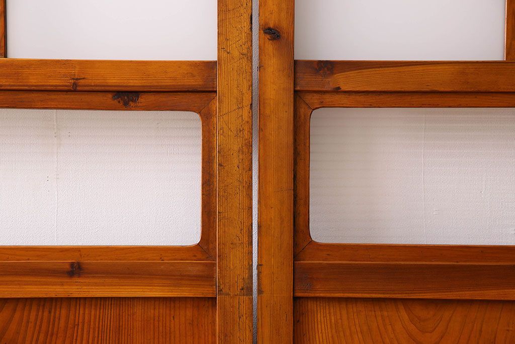 檜材製　昭和レトロなアンティークガラス戸2枚セット