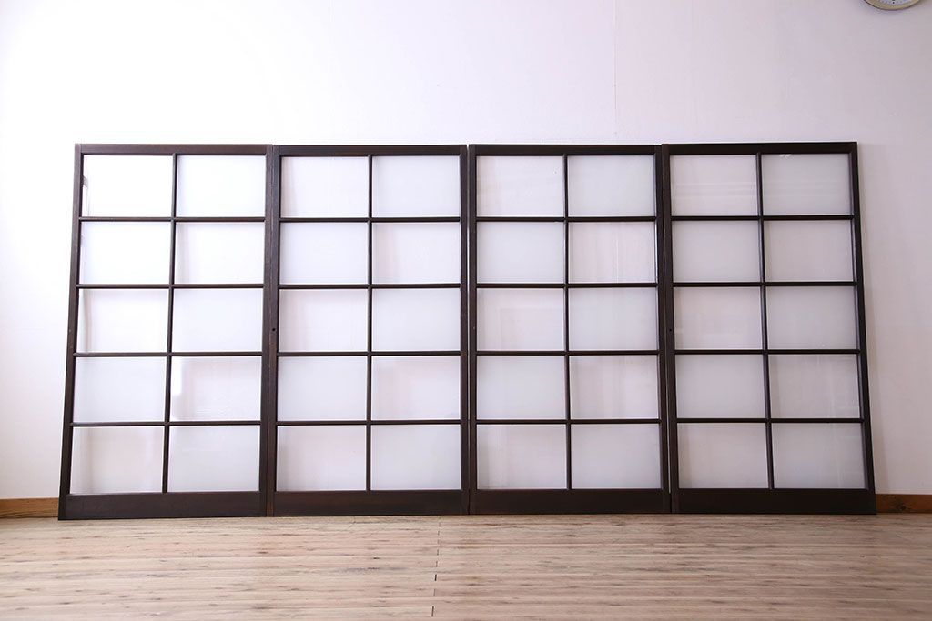 和製アンティーク　おしゃれな市松模様のガラス戸4枚セット