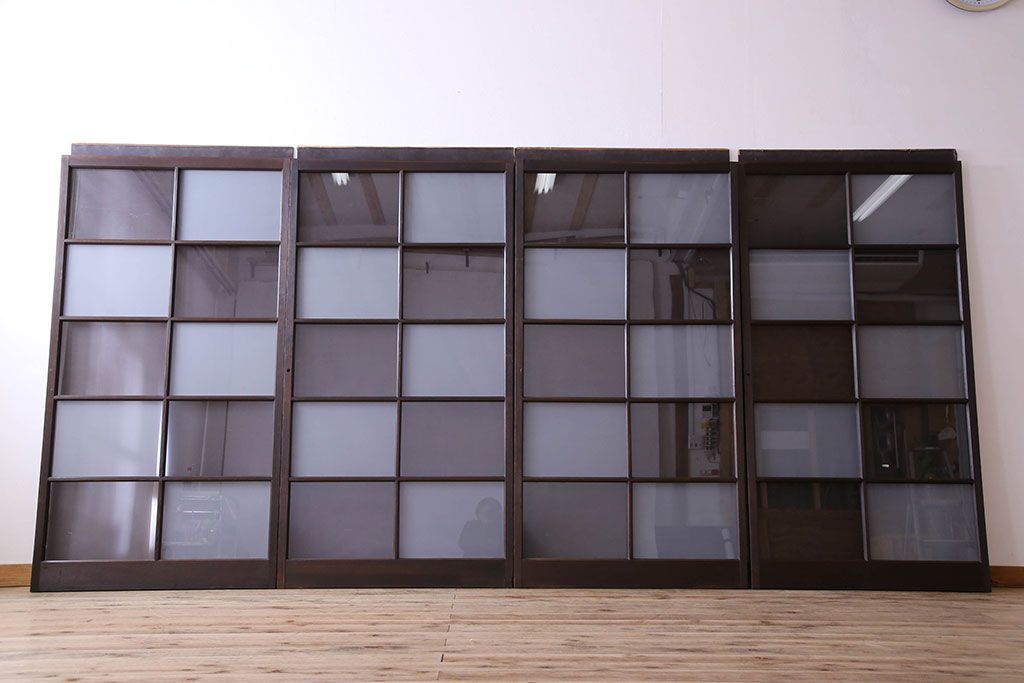 和製アンティーク　おしゃれな市松模様のガラス戸4枚セット