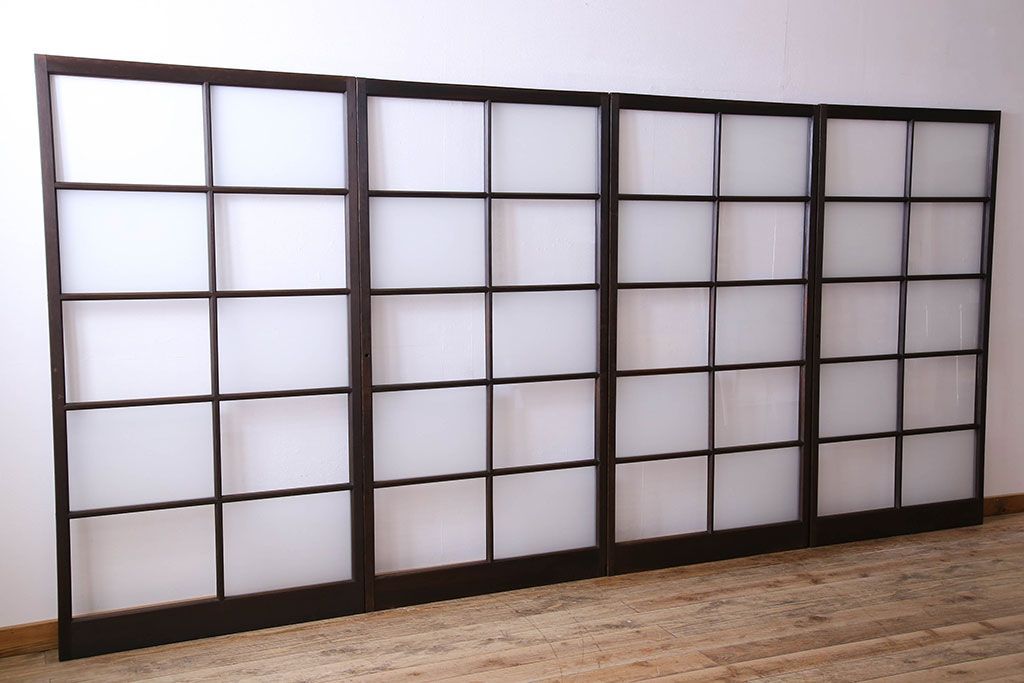 和製アンティーク　おしゃれな市松模様のガラス戸4枚セット