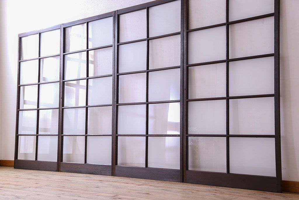 和製アンティーク　おしゃれな市松模様のガラス戸4枚セット
