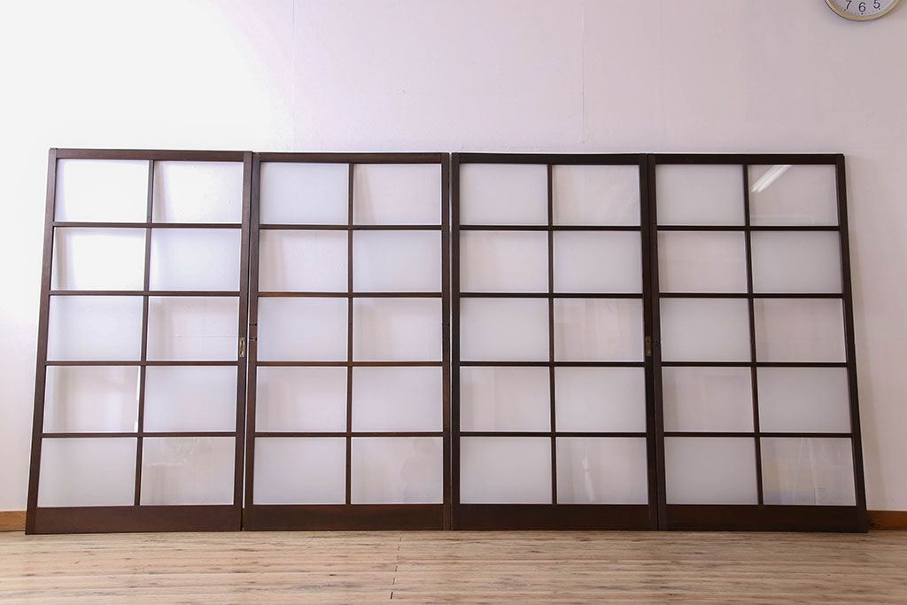 和製アンティーク　おしゃれな市松模様のガラス戸4枚セット